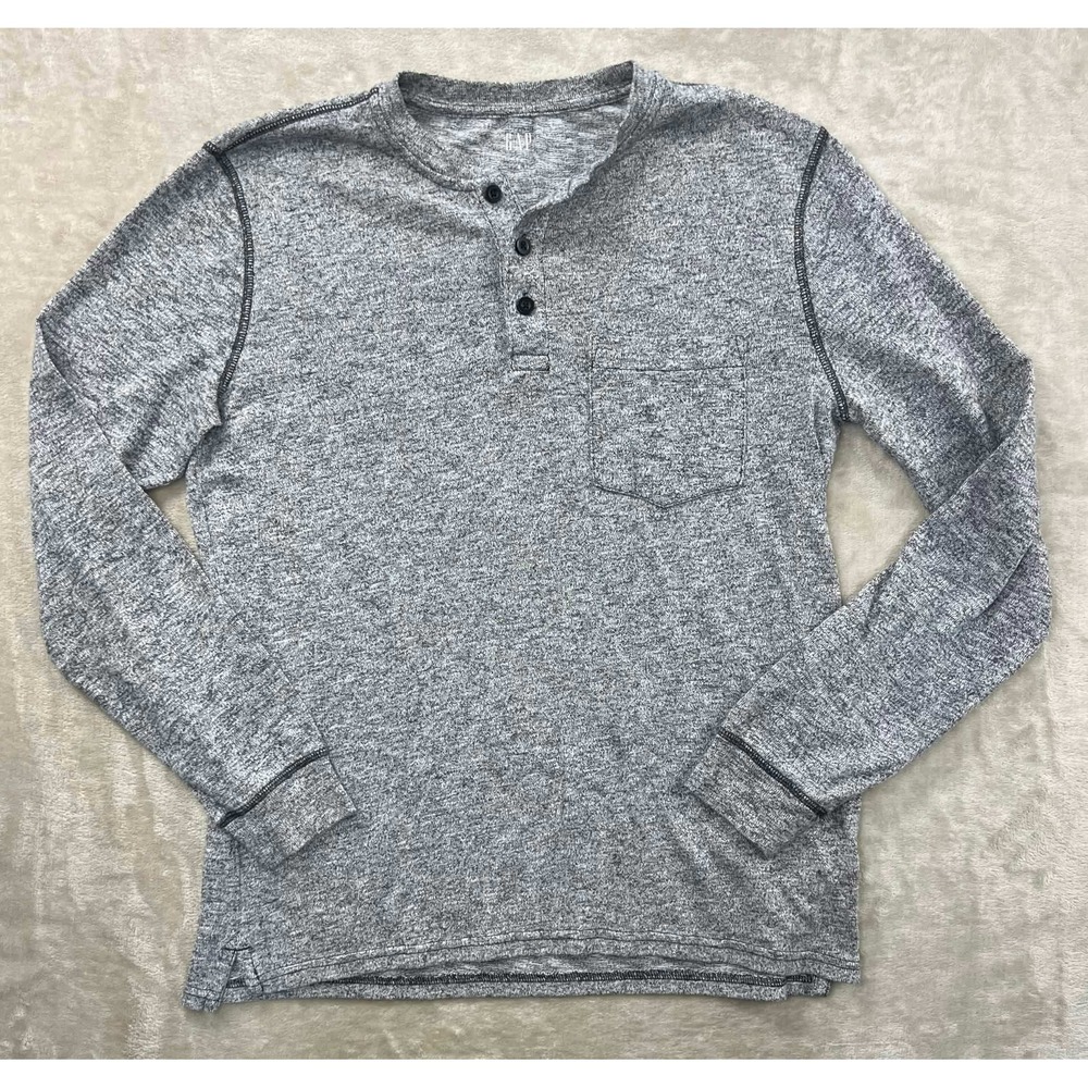 EUC Gap Mens Henley Shirt Gray Marl Space Dye Long Sleeve Pocket Top Small